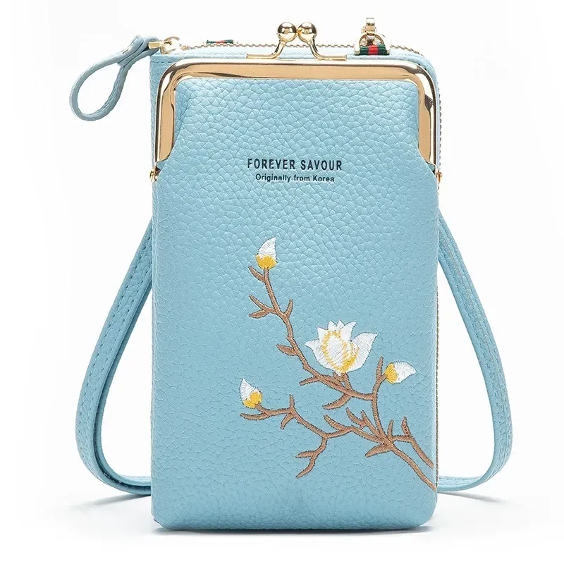 2025 New Embroidered Flower Phone Bag Single PU Shoulder Bags Multi-function Crossbody Bags Long Wallets with Detachable Strap