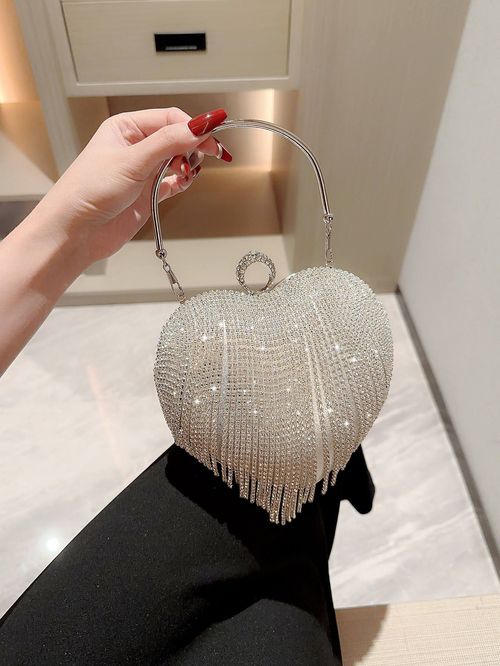 New Women Luxury Heart Shape Tassel Evening Clutch Bag Rhinestones Wedding Party Purse Handbag