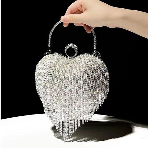 New Women Luxury Heart Shape Tassel Evening Clutch Bag Rhinestones Wedding Party Purse Handbag