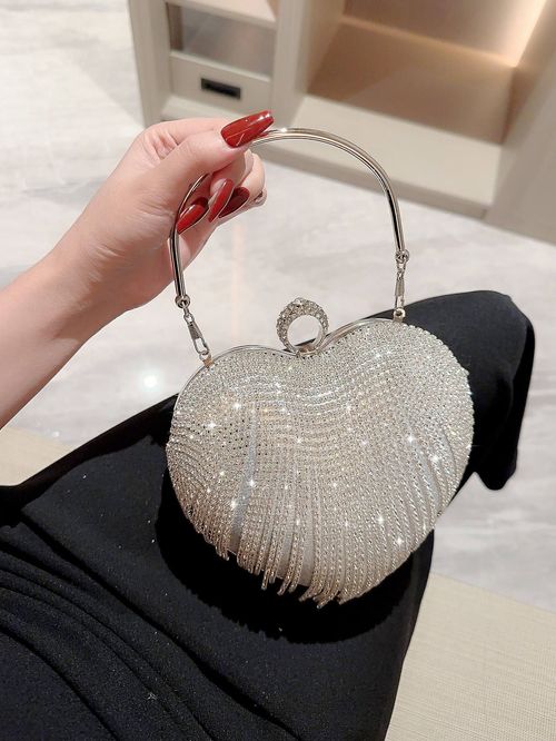 New Women Luxury Heart Shape Tassel Evening Clutch Bag Rhinestones Wedding Party Purse Handbag