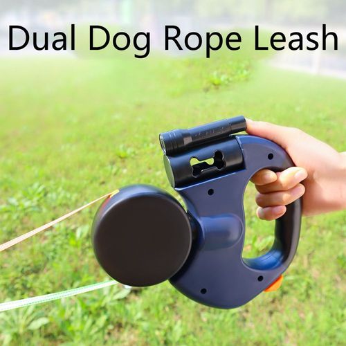 Double Retractable Dog Lead Reinforced Extendable with Non-Slip Handle Dog Leash with LED Light and Rubbish Box for Walking