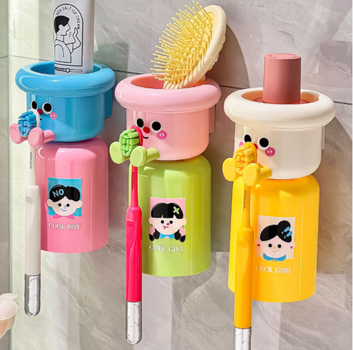 Cute Wall-Mounted Toothbrush Holder Dopamine-Style Gargle Cup Punch-Free Children's Toothbrushing Cup Washing Set for Corners