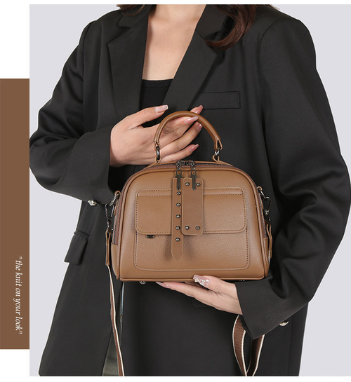 Retro simple handbag for women, soft leather temperament versatile shoulder bag, large capacity wide belt casual messenger bag