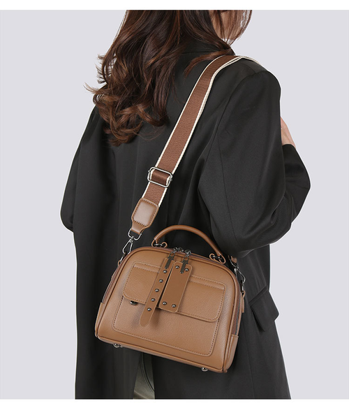 Retro simple handbag for women, soft leather temperament versatile shoulder bag, large capacity wide belt casual messenger bag