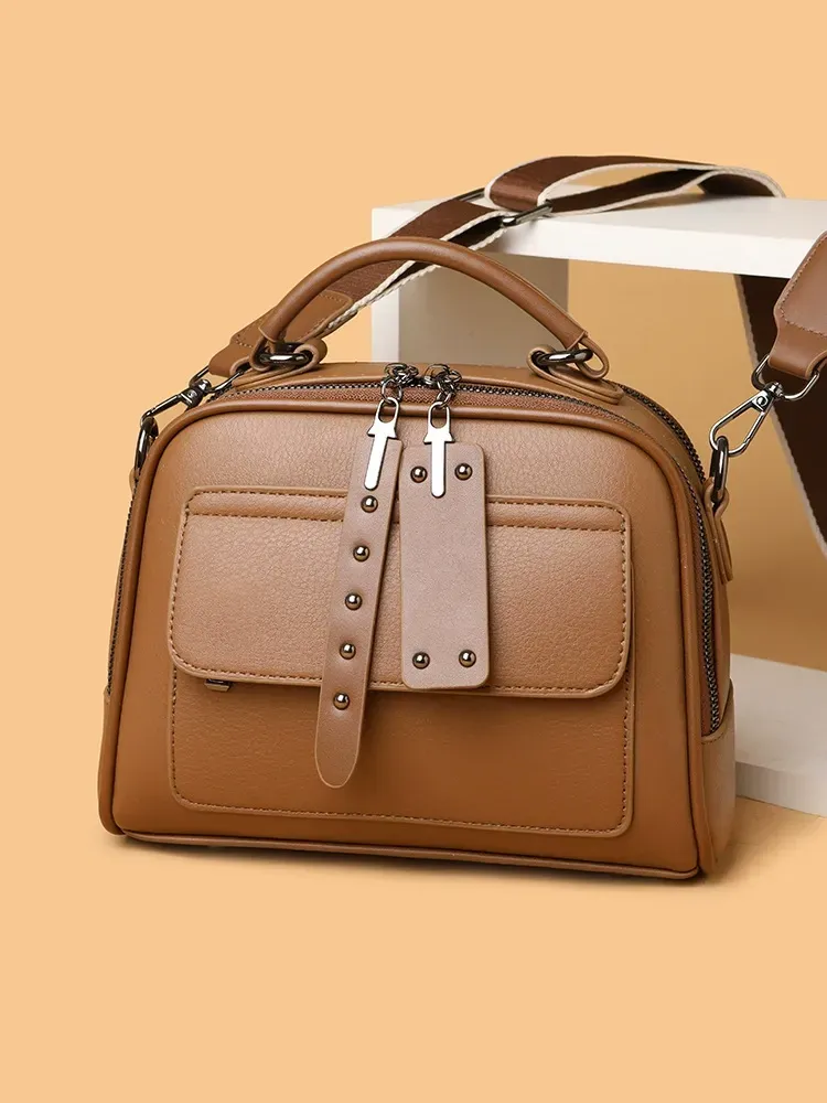 Retro simple handbag for women, soft leather temperament versatile shoulder bag, large capacity wide belt casual messenger bag