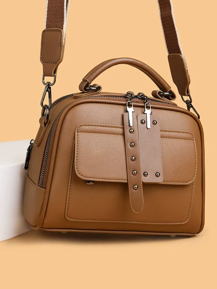 Retro simple handbag for women, soft leather temperament versatile shoulder bag, large capacity wide belt casual messenger bag