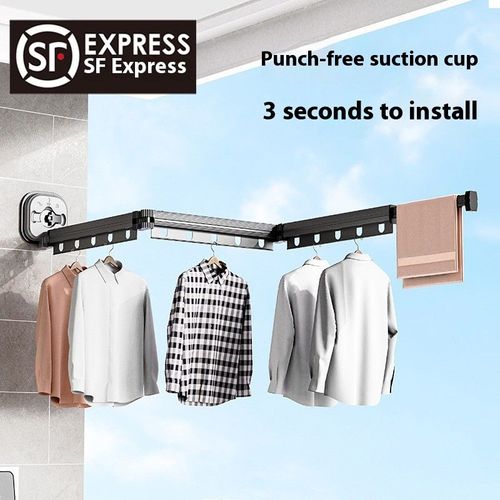 Aluminum Alloy Telescopic Clothes Rod Wall-Mounted No-Drill Suction Cup Type Balcony Folding Clothes Drying Special for tiles and glass