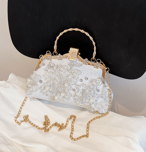 Pearl embroidered bamboo handbag, banquet clutch, rhinestone handbag