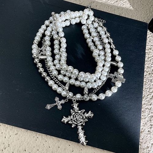 Trendy Layered Cross Pearl Choker - Sweet - Edgy Style