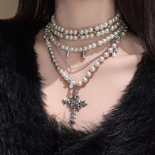Trendy Layered Cross Pearl Choker - Sweet - Edgy Style