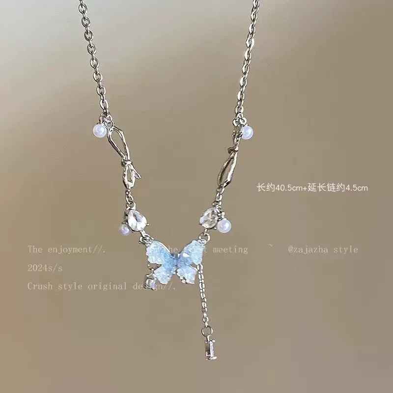 Ice Crystal Gradient Pearl Butterfly Tassel Necklace
