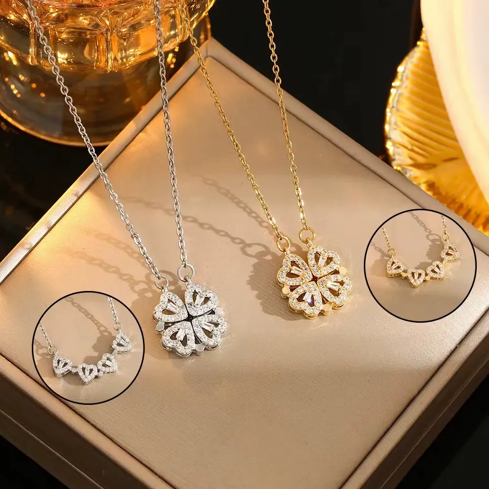 A necklace with two ways to wear Heart to Heart Four-Leaf Clover Necklace Magnetic Clavicle Chain