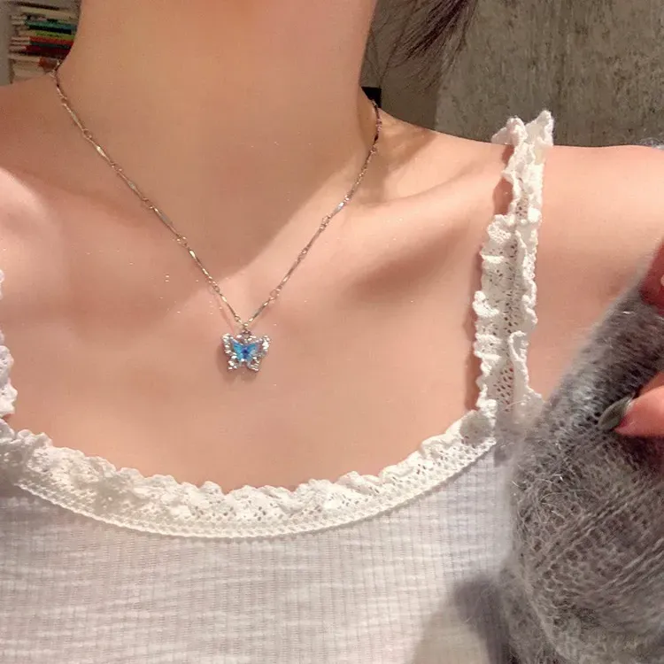 Summer style double layer blue butterfly necklace for women clavicle necklace