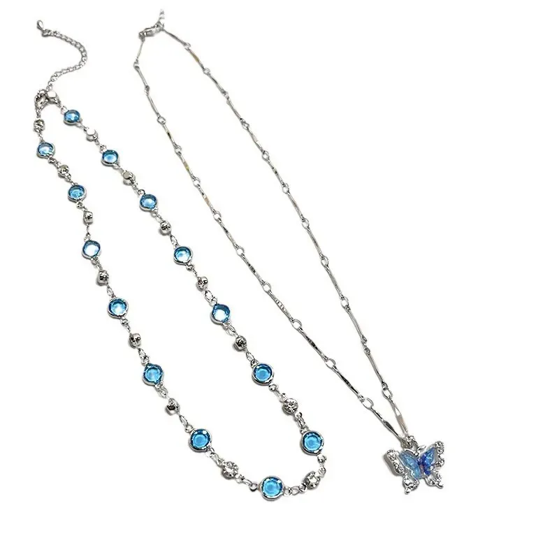 Summer style double layer blue butterfly necklace for women clavicle necklace