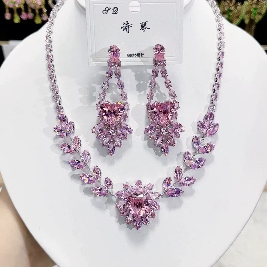 Luxury zircon pink heart temperament earrings and necklace
