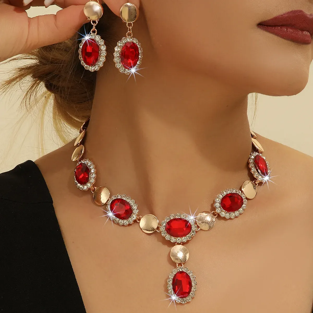 Popular light luxury red crystal necklace earring set fashion accessories