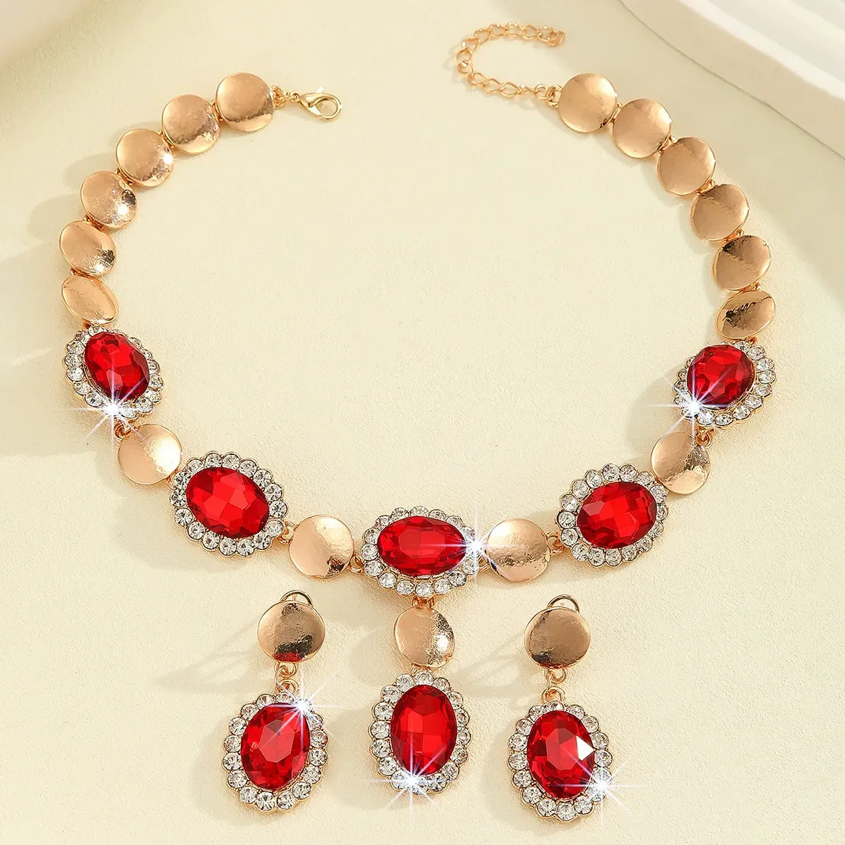 Popular light luxury red crystal necklace earring set fashion accessories