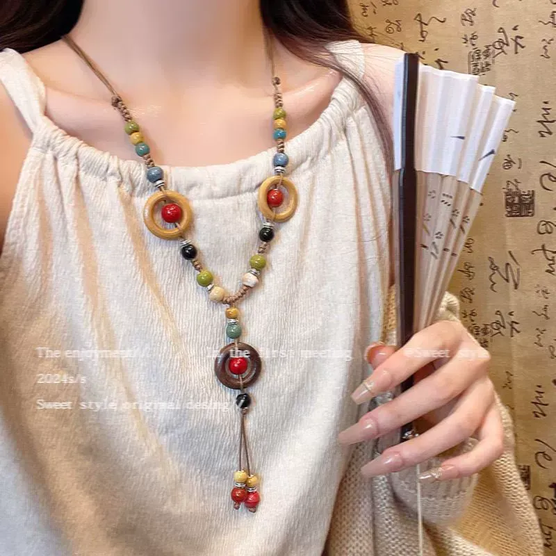 Bohemian style ceramic necklace for women, retro long necklace