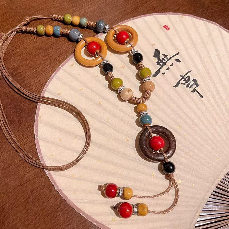 Bohemian style ceramic necklace for women, retro long necklace