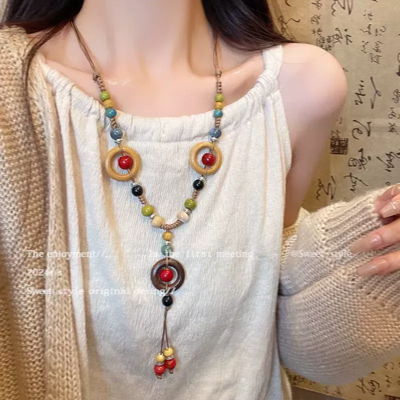 Bohemian style ceramic necklace for women, retro long necklace
