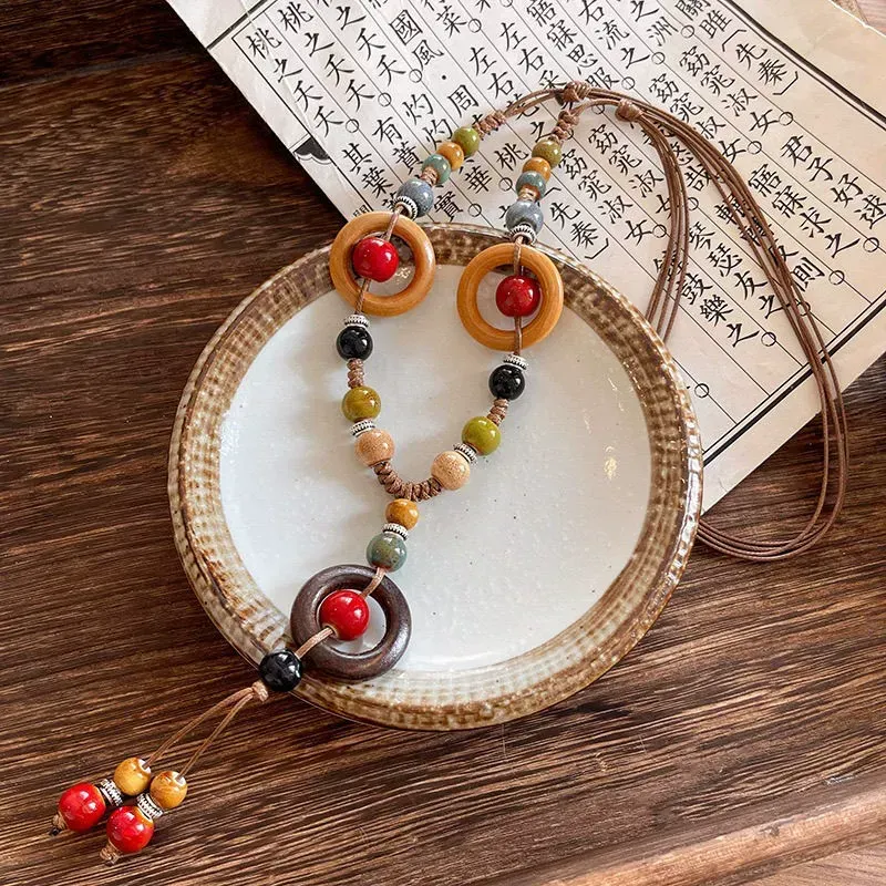 Bohemian style ceramic necklace for women, retro long necklace