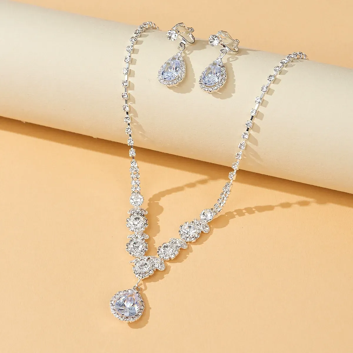 Crystal rhinestone necklace and ear clip two-piece jewelry set