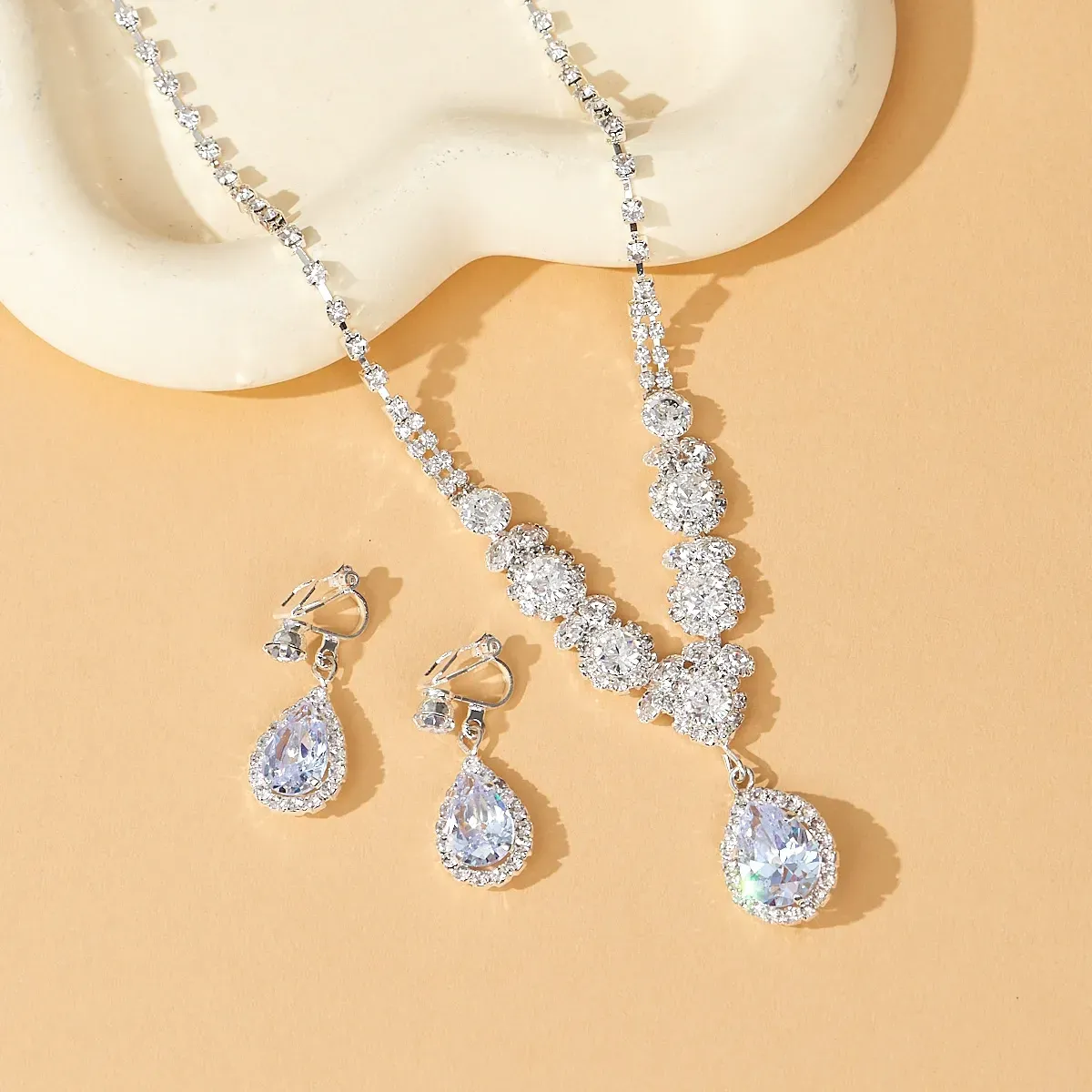 Crystal rhinestone necklace and ear clip two-piece jewelry set