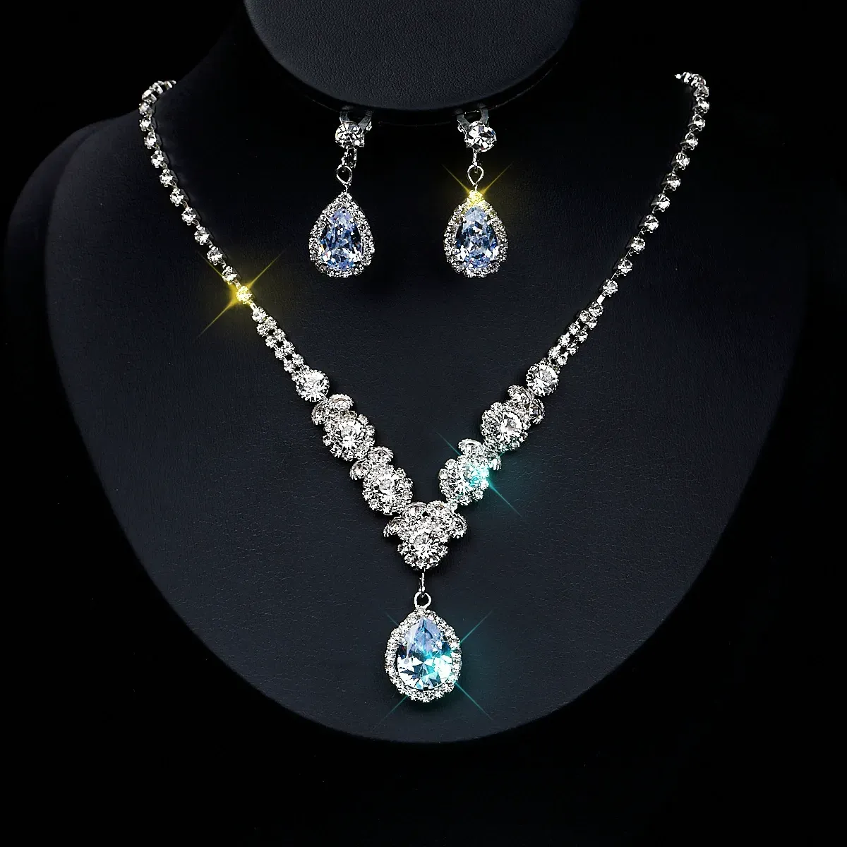 Crystal rhinestone necklace and ear clip two-piece jewelry set