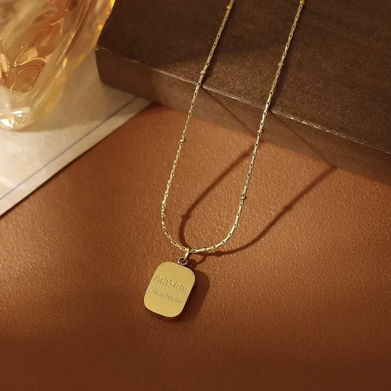 Gold-plated small square diamond letter round bead clavicle necklace does not fade