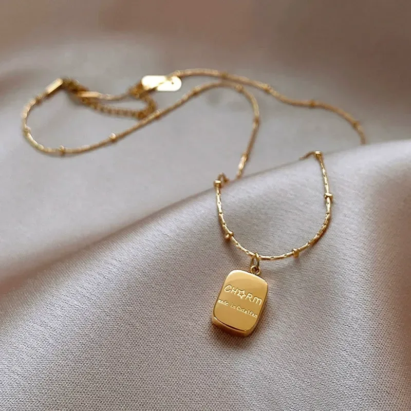 Gold-plated small square diamond letter round bead clavicle necklace does not fade