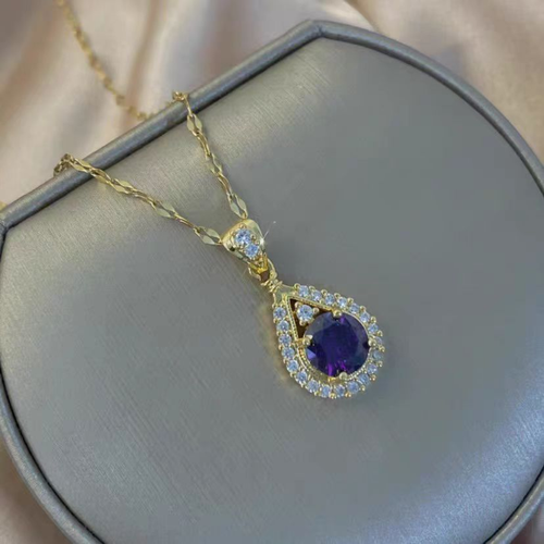 Purple teardrop zircon necklace fan-shaped pendant clavicle chain
