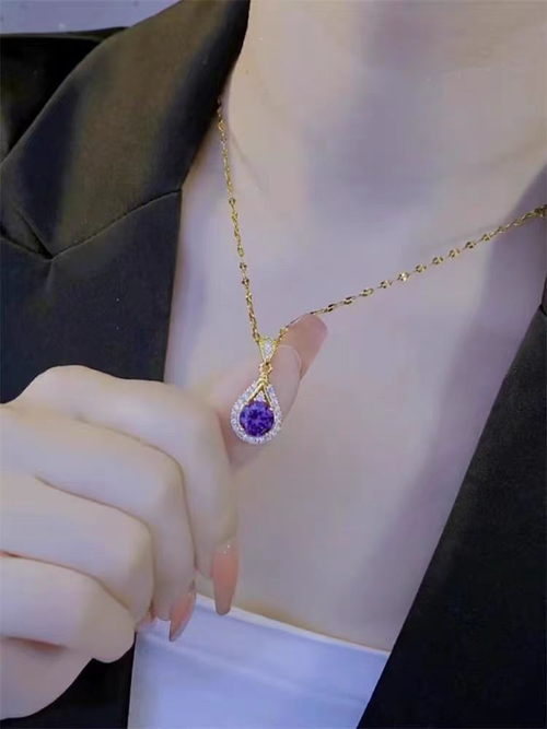 Purple teardrop zircon necklace fan-shaped pendant clavicle chain