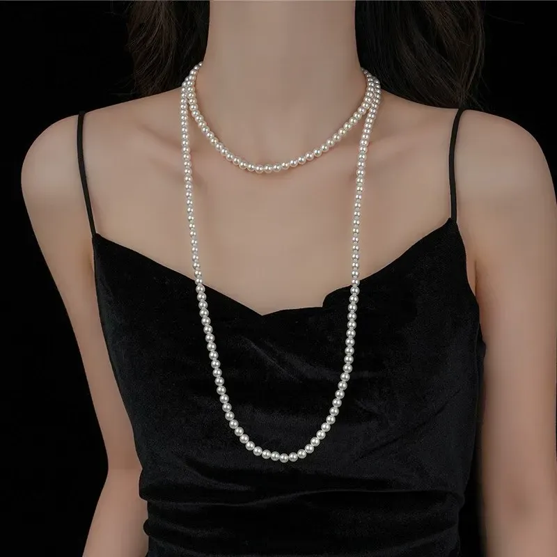 Luxury long pearl necklace Light luxury multi-layered pearl necklace