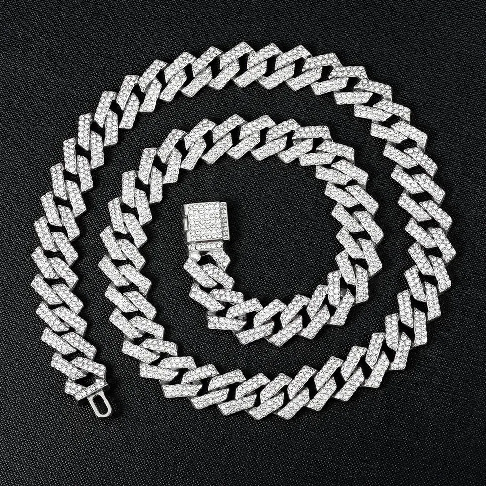 Alloy Cuban chain zircon necklace, high quality 14mm zircon necklace