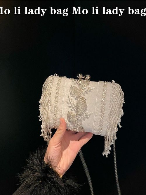 High-end retro handmade beaded crystal white lace tassel clutch crossbody bag small square bag
