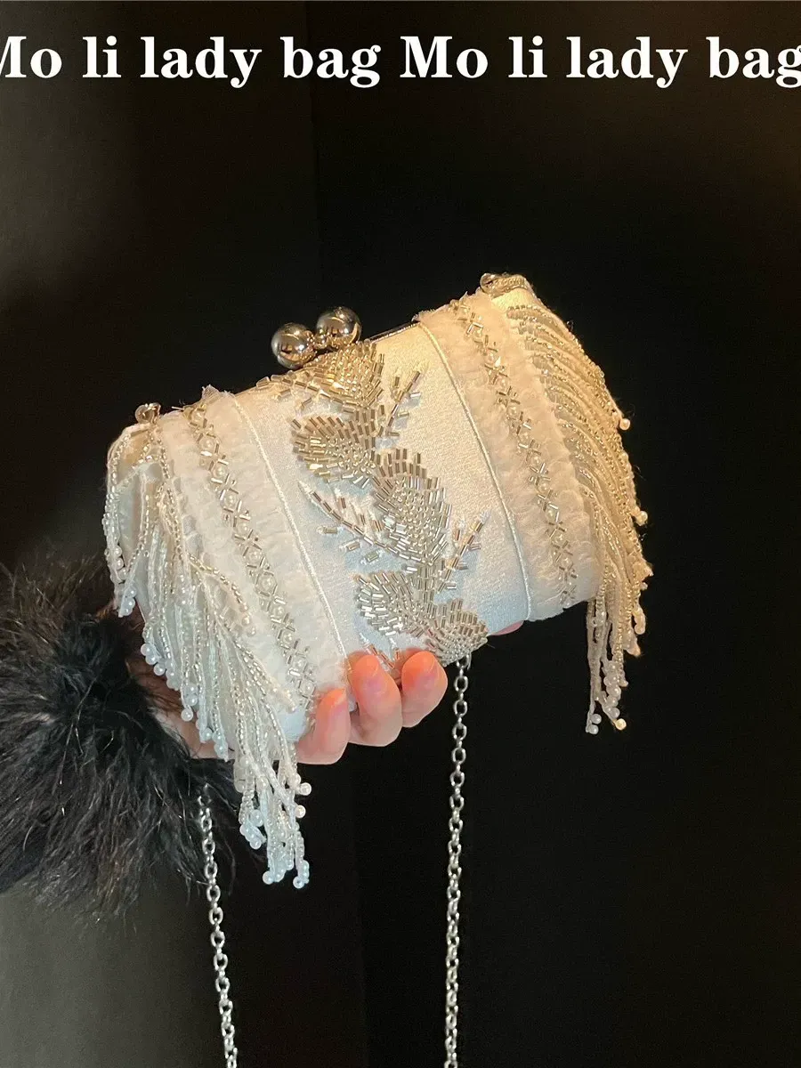 High-end retro handmade beaded crystal white lace tassel clutch crossbody bag small square bag