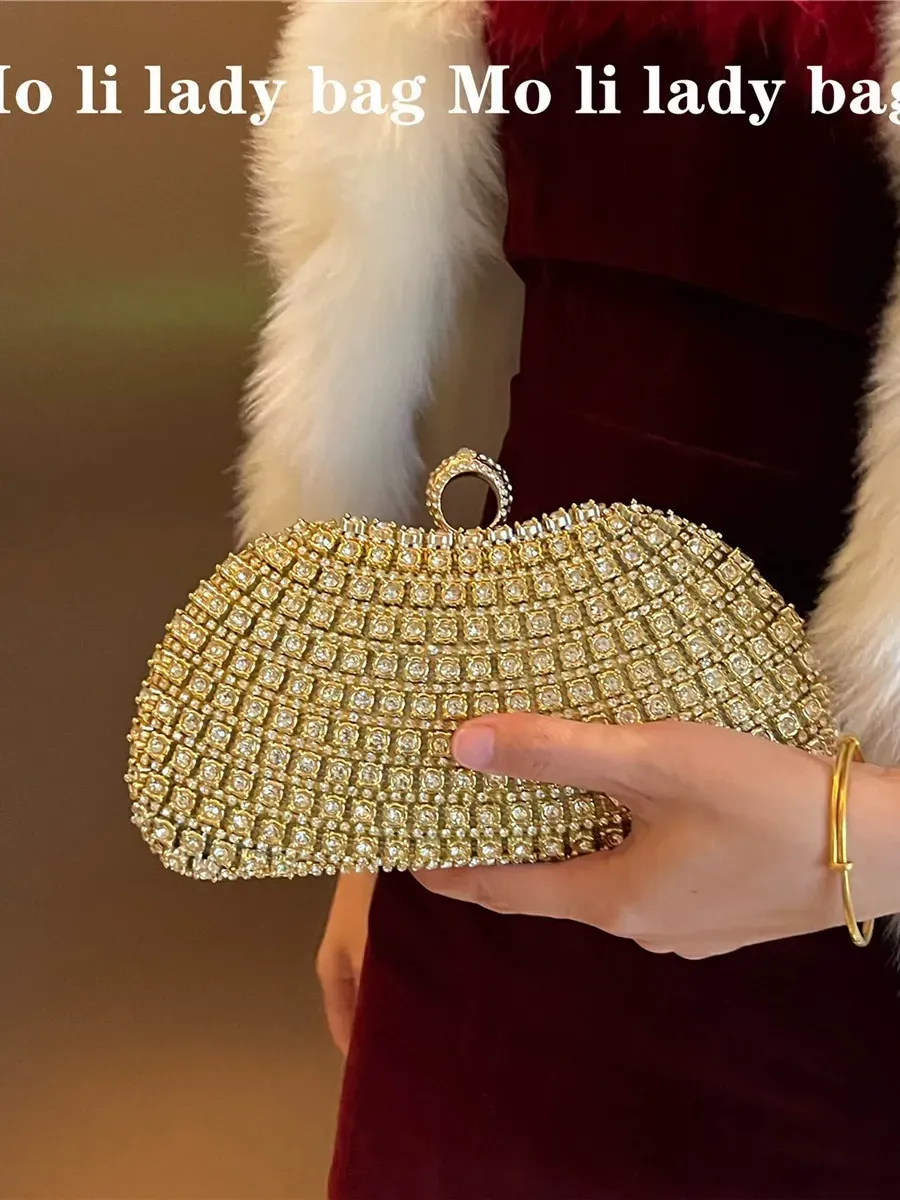 High-end dress clutch, diamond-studded evening handbag