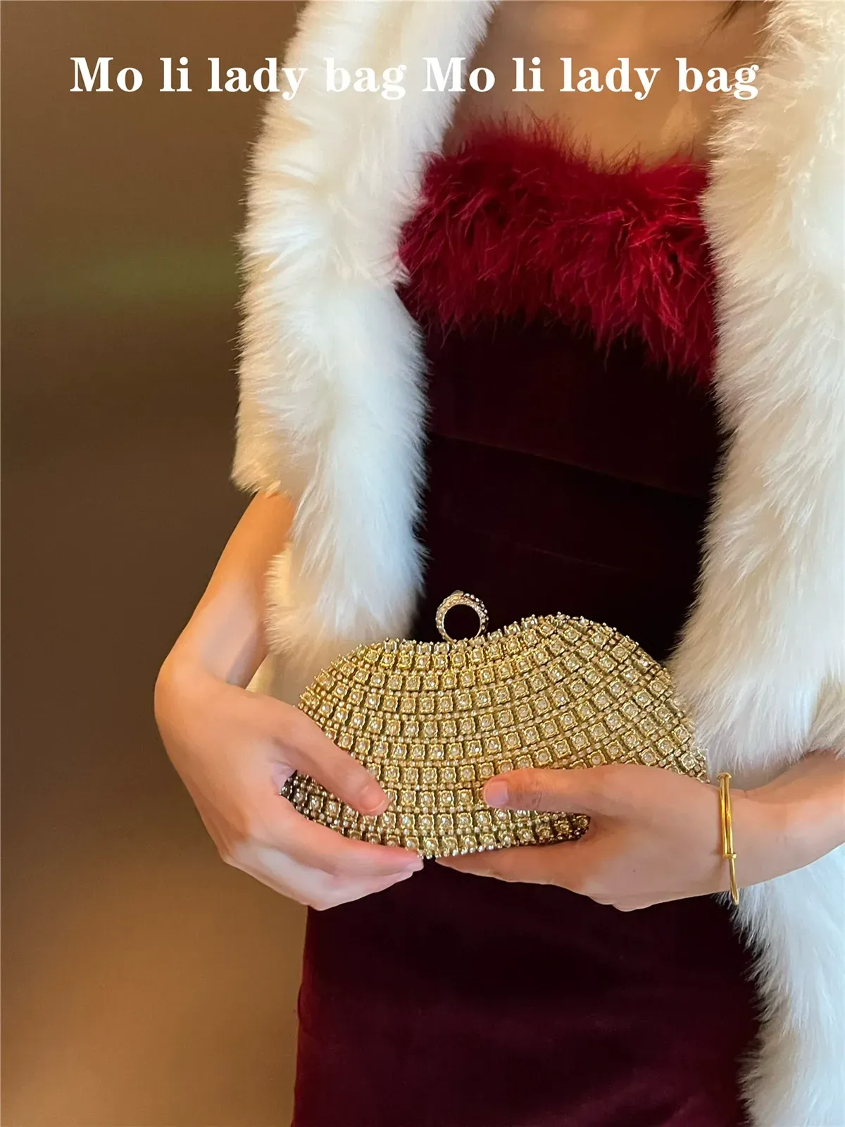 High-end dress clutch, diamond-studded evening handbag