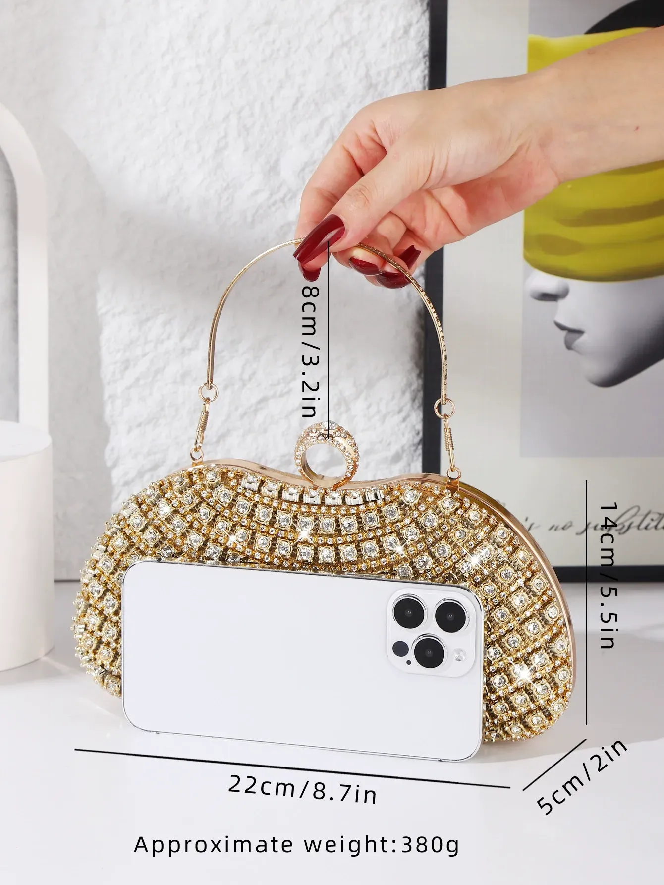 High-end dress clutch, diamond-studded evening handbag