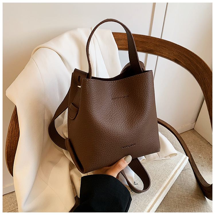 Large capacity retro handbag simple bucket bag wide shoulder strap crossbody bag