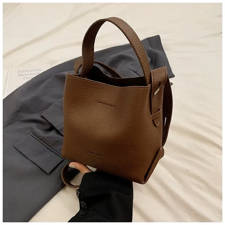 Large capacity retro handbag simple bucket bag wide shoulder strap crossbody bag