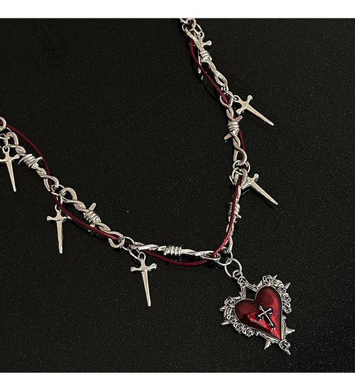 Personalized red heart stitching thorn cross necklace hip-hop hot girl clavicle necklace