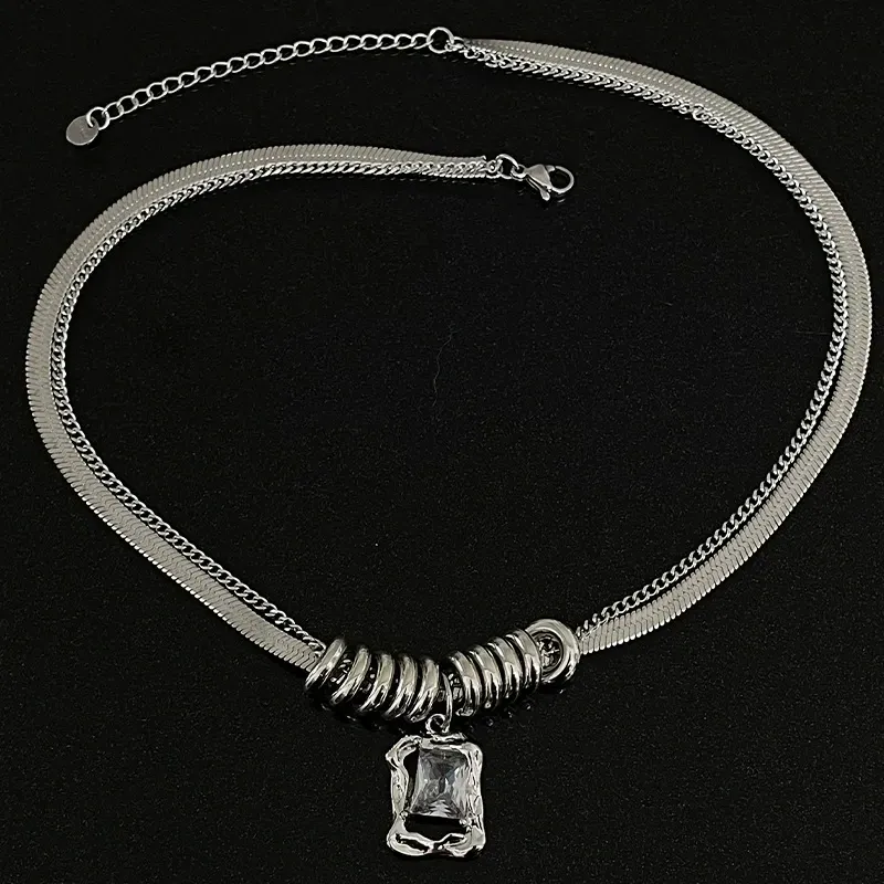 Hip-hop style titanium steel zircon double-layer sweatshirt necklace