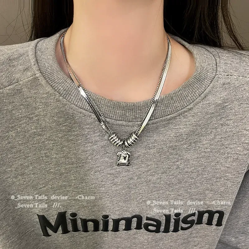 Hip-hop style titanium steel zircon double-layer sweatshirt necklace
