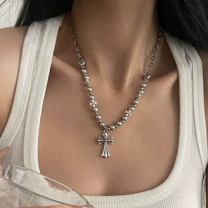 Vintage Cross Pearl Necklace Personalized Accessory Necklace