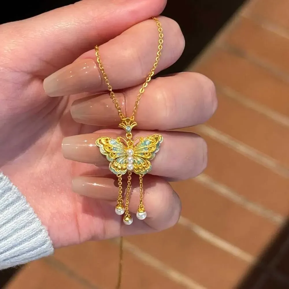 Butterfly Pearl Tassel Necklace for Women