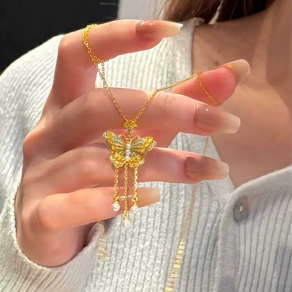 Butterfly Pearl Tassel Necklace for Women