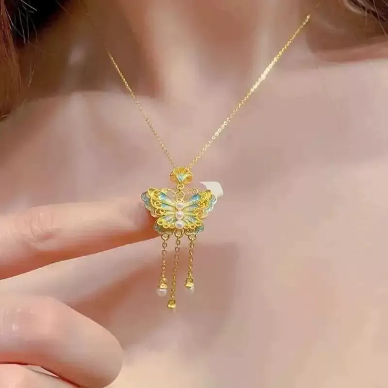 Butterfly Pearl Tassel Necklace for Women