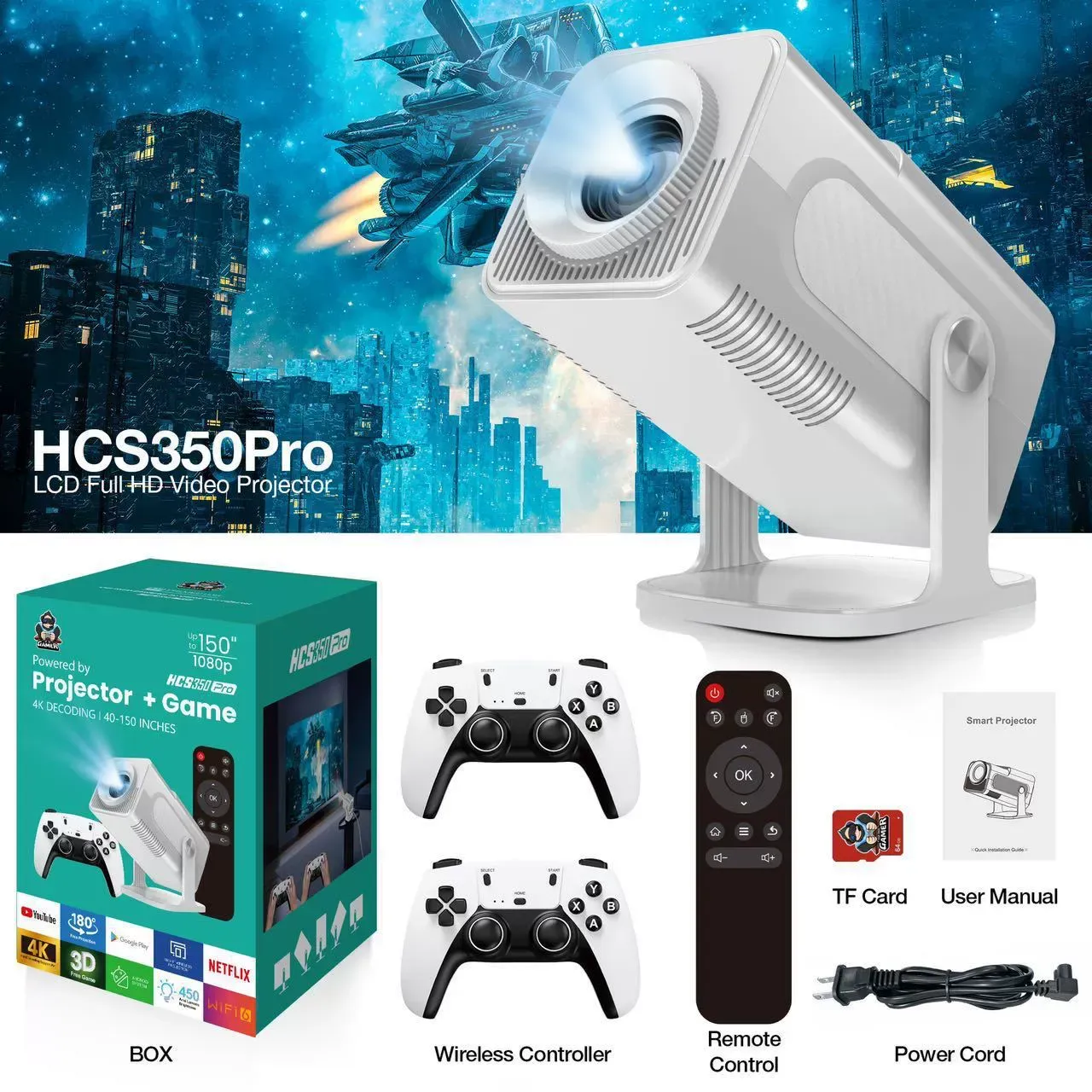 Hot-selling HCS350Pro projector, PSP mini game console, Android WiFi, high-definition 4K mini projector