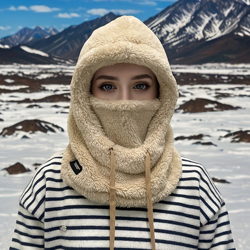 New windproof design plush hooded hat, a cold-weather cycling mask and hat for autumn and winter.